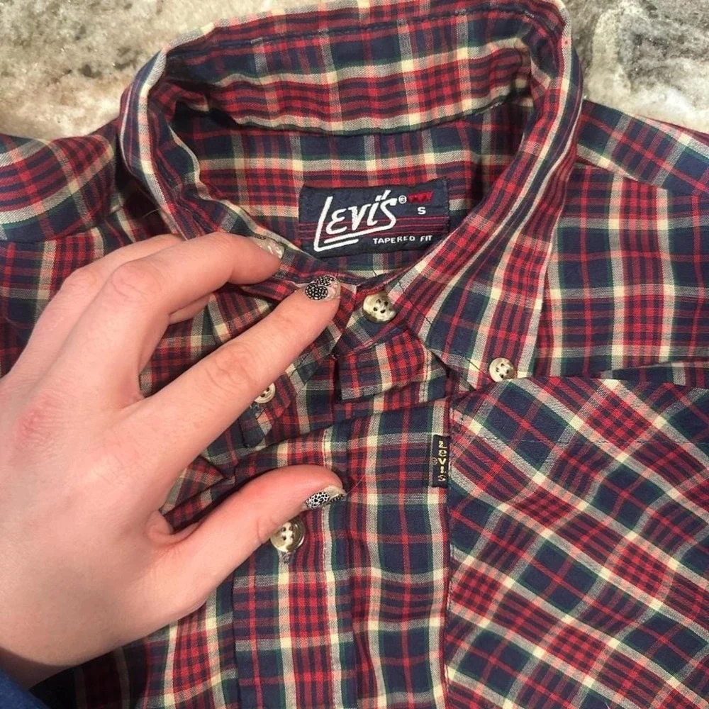 Vintage‎ 80s Levi's red & blue plaid button-up shirt mens SMALL